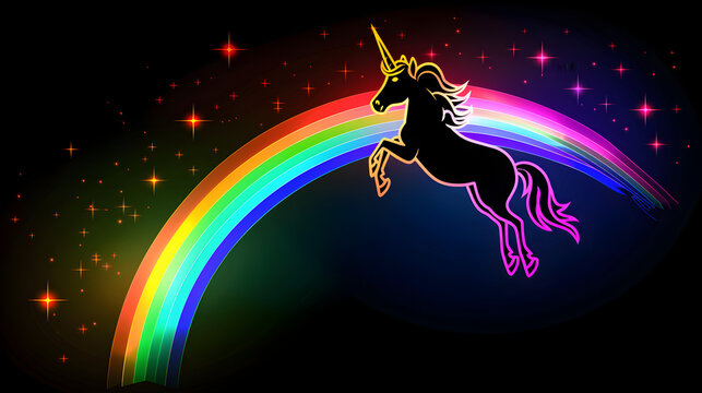 Neon silhouette of a unicorn leaping over a rainbow isotated on black background.