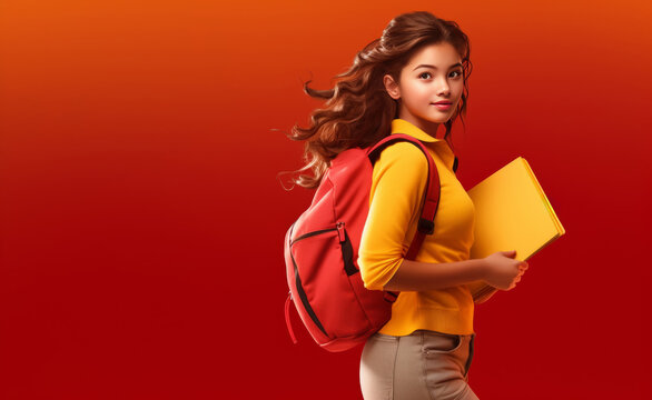 Little girl photographed wearing school uniform dress isolated holding a coral backpack on both shoulders. Cheerful teen girl in school uniform carry backpack, school fashion. Generative AI.