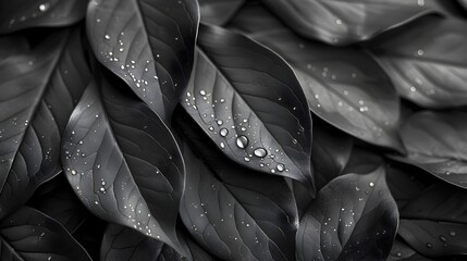 Black and White Leaves with Water Droplets, To provide a high-quality and artistic photograph of leaves with water droplets, suitable for use in a