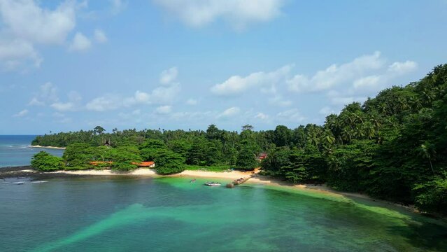 Flying towards the pontoon at ilheu das rolas at Sao Tome e Principe,Africa