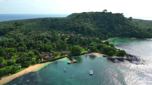 Aerial backwards view from Ilheu das Rolas at a Sunny day,S&atilde;o Tom&eacute;,Africa