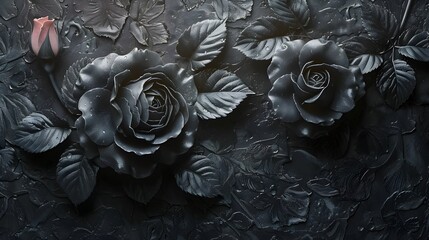 Black Roses on Gray Wall in Liquid Metal Style, This image is perfect for those looking for unique and artistic home decor pieces, that will add a