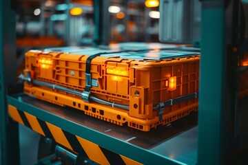 Detailed shot of a bright orange industrial storage crate secured with straps, indicating robust logistics systems. high-strength container in an industrial setting, symbolizing organized warehousing