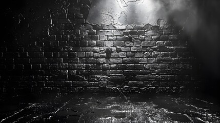 Dark Brick Wall with Light Shining Through, To convey a sense of mystery and intrigue, ideal for adding impact to a design or visual project - obrazy, fototapety, plakaty