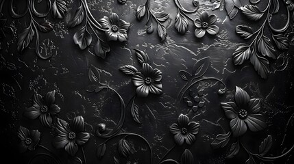 Black Floral Wallpaper with Organic Stone Carvings Pattern, To provide a stylish and elegant black floral wallpaper with an organic stone carvings