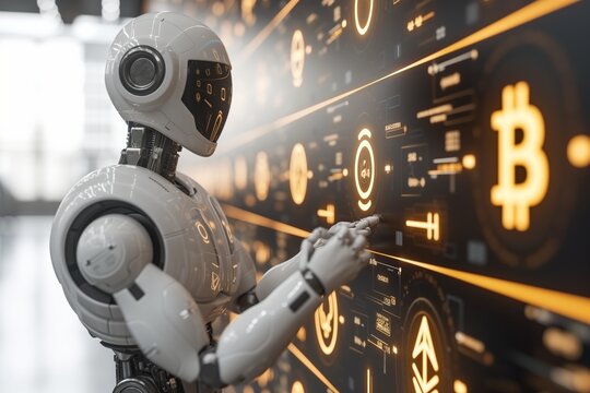 Automaton in a futuristic setting touches a digital interface with Bitcoin logos, illustrating the merger of AI and blockchain. White robot engages with Bitcoin insignias on high-tech control panel