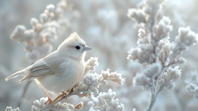White Bird Perched on Frosty Flower in Winter Scene