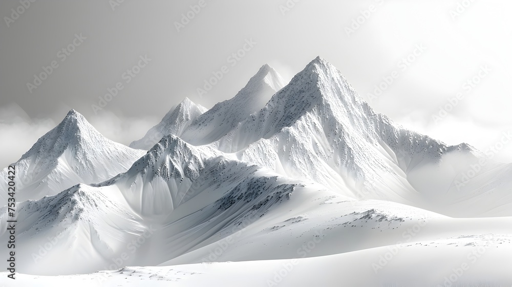 Poster hyperrealistic snowy mountain landscape in monochromatic minimalist style
