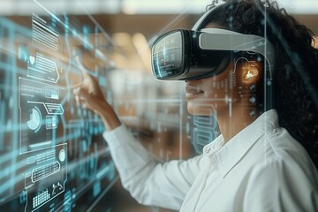 Tech-savvy African Americans woman professional with VR goggles navigates through digital information streams in a corporate setting. Innovator in white using virtual reality to interact