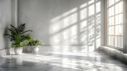 White Room with Marble Tile and Plant in Luminous Shadows