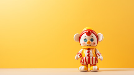 A cheerful clown in yellow and red clothes stands on a yellow background. A place for testing. April Fools' Day.