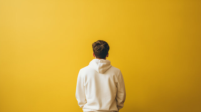 A man stands backwards in a white hoodie on a yellow background. A prank, a joke. April Fools' Day. - Powered by Adobe