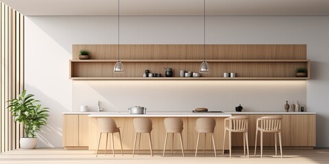 Modern kitchen with wooden accents, minimalist white design, .