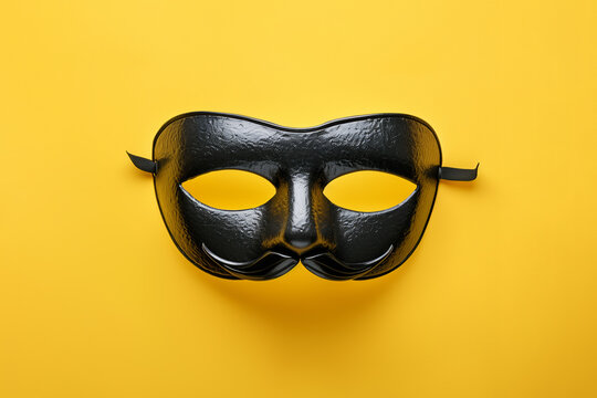 A black mask with a mustache on a yellow background. April Fool's Day. there is a place for texts.