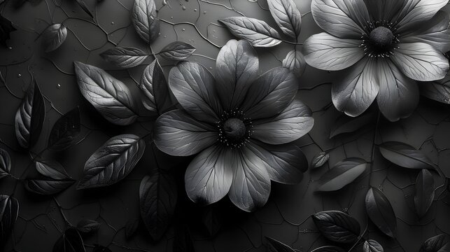Stylish Black and White Floral Wallpaper Rendered in Cinema4D, To provide a stylish and modern background for electronic devices and desktop screens,