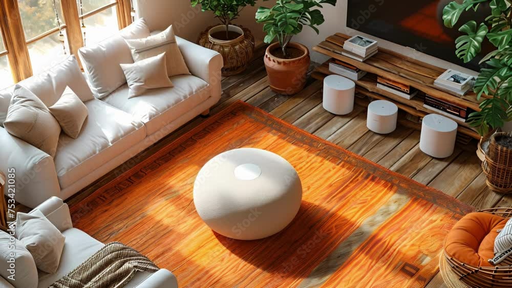 Aufkleber an aerial view of a living room with a smart speaker on a coffee table showcasing the ability to con