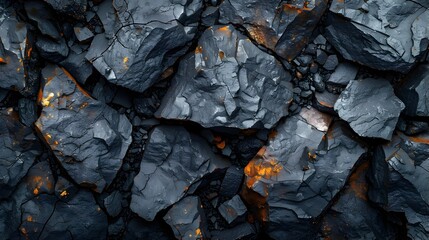 Close-up of Shiny Black Rock Texture with Industrial Fragments, To provide a visually interesting and abstract background, or for use in industrial