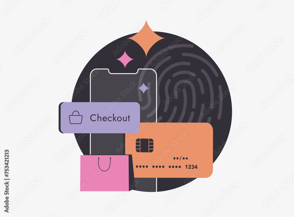 Poster m-commerce checkout with biometric authentication. e-commerce checkout payment from mobile phone usi