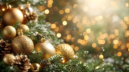 Obraz na płótnie Canvas Golden Christmas Decorations on Evergreen Tree with Bokeh Lights, To convey the festive and magical atmosphere of Christmas through a detailed and