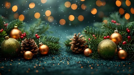 Obraz na płótnie Canvas Golden Christmas Balls and Trees, To add a touch of holiday cheer to any project or platform