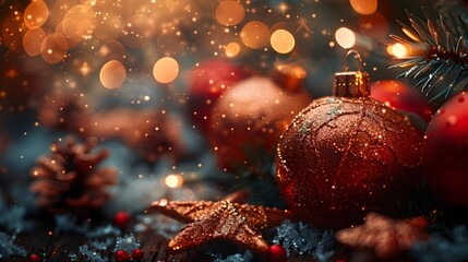 Christmas Decorations with Golden Star, To add a festive touch to any holiday-themed project or background - obrazy, fototapety, plakaty