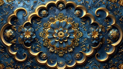Gold Carved Ornaments on Blue Wall Wallpaper, To provide a visually striking and unique wallpaper option that combines traditional sculptural
