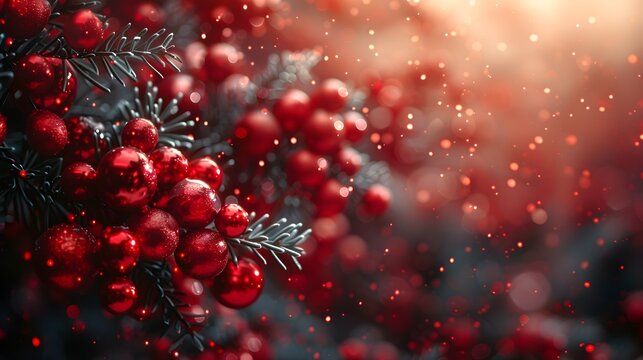 Red Christmas Balls and Tree in Winter Snowy Landscape, This image showcases a festive and eye-catching Christmas tree, making it an ideal choice for