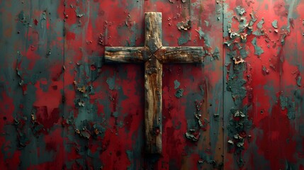 Rusty Wall with Wooden Cross, This image can be used to convey a sense of religious devotion or to add a touch of Christian art and architecture to a