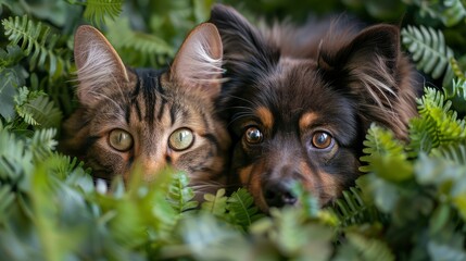 Naklejka premium Banner Summer Pets Cat Dog Hiding, Desktop Wallpaper Backgrounds, Background HD For Designer
