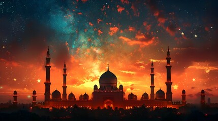 Vibrant and Illuminated Mosques at Night with Fireworks, To convey a sense of celebration, spirituality, and cultural heritage in a unique and