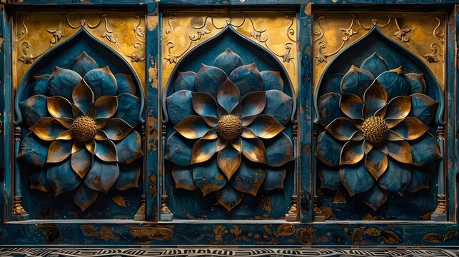 Blue and Gold Decorative Wall Panels in Buddhist Art Style, To add a touch of spirituality and cultural elegance to any space