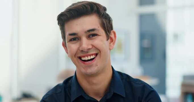 Business, face and happy man in office with leadership confidence, positive mindset or career pride. Portrait, smile and corporate coach with team for support, help or training, teamwork or guidance