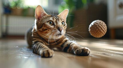 Bengal Cat Plays Ball On Floor, Desktop Wallpaper Backgrounds, Background HD For Designer - obrazy, fototapety, plakaty
