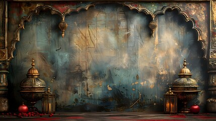 Post-Apocalyptic Indian and Oriental Bedroom Scenes with Distressed Surfaces, To provide unique and atmospheric backdrops for dystopian-themed - obrazy, fototapety, plakaty