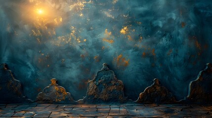 Glowing Sun over Old Stone Wall and Cave, To convey a sense of adventure and nostalgia in a unique and visually striking way