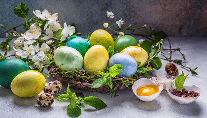 Obraz na płótnie Canvas Nature's Hues: Handcrafted Easter Eggs Dyed with Natural Colors