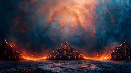 Burning Wall and Fiery Sky in Hindu Art Style, To convey a sense of power and transformation through a dark, fiery scene in the style of Hindu and - obrazy, fototapety, plakaty