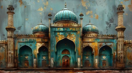 Rusty Blue Turkish Mosque in Oil Painting, To add a touch of cultural and spiritual elegance to any...