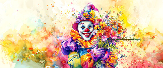 April fool's day. Holiday banner with a cheerful clown with spring flowers. Watercolor illustration. - obrazy, fototapety, plakaty