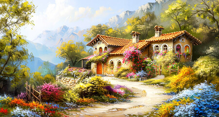 Italian landscape with country side and flowers, Oil paintig banner