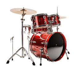 Complete modern set of red drums isolated on transparent or white background, brand new, shiny, polished. 