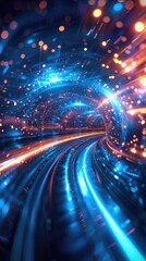 Obraz premium blue light speed blur abstract background, in the style of futuristic space