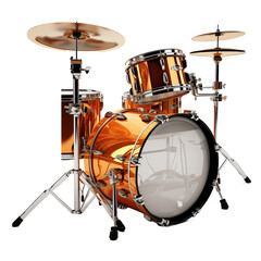Complete modern set of yellow drums isolated on transparent or white background, brand new, shiny, polished. 