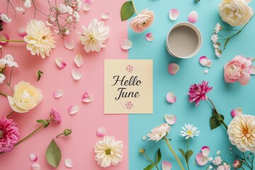 Hello June Card Month illustrate Decoration Flower to celebrate start of the month Pastel Background