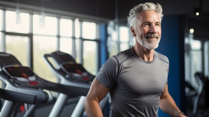 Fototapeta na wymiar A middle-aged gray-haired man is walking, Running on a treadmill in the gym. Fitness, Sports, Healthy lifestyle concepts. Horizontal photo, copy space.