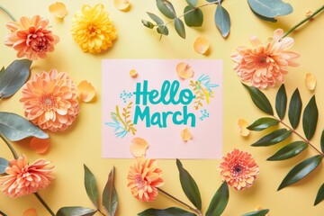 Fototapeta na wymiar Hello March Card Month illustrate Decoration Flower to celebrate start of the month Pastel Background