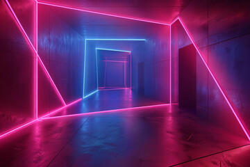 Empty geometric room with glowing neon lines and a dark, stylish atmosphere