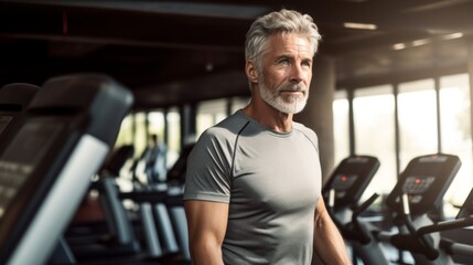 Fototapeta na wymiar A mature gray-haired man is walking, Running on a treadmill in the gym. Fitness, Sports, Healthy lifestyle concepts.