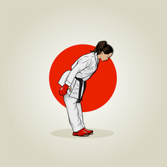 Girl is an athlete before the fight. Karate is an oriental martial arts.