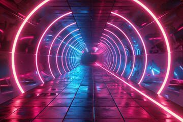 Virtual reality corridor with glowing neon arches and techno lines in a sci-fi design
